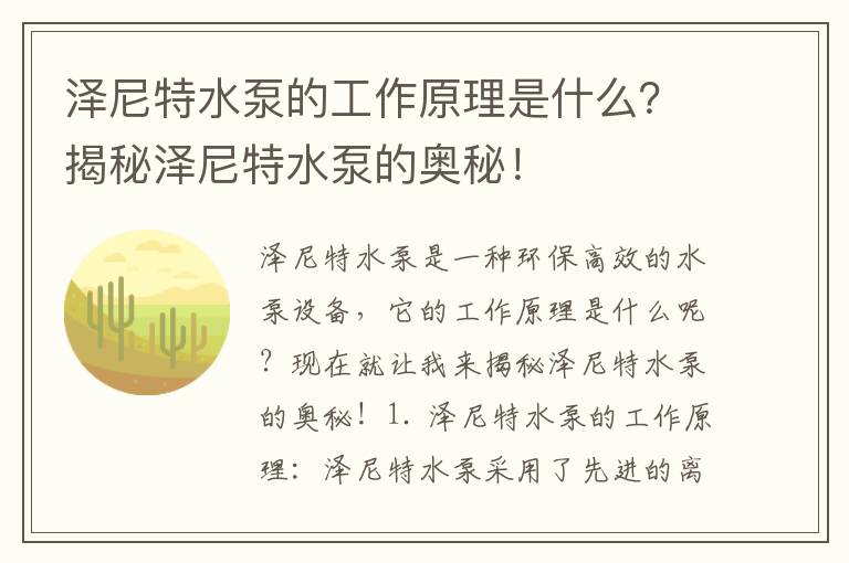 澤尼特水泵的工作原理是什么？揭秘澤尼特水泵的奧秘！