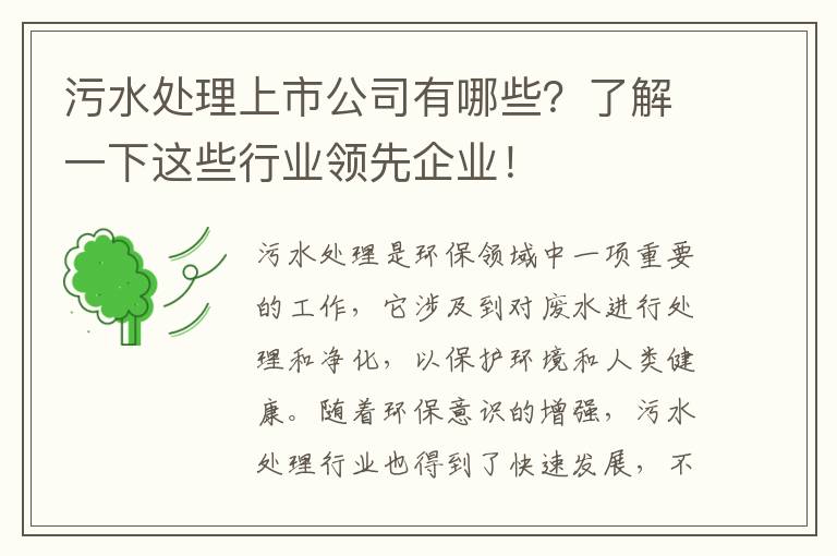 污水處理上市公司有哪些？了解一下這些行業(yè)領(lǐng)先企業(yè)！