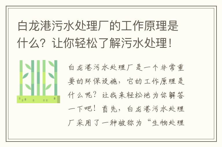 白龍港污水處理廠(chǎng)的工作原理是什么？讓你輕松了解污水處理！