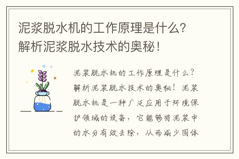 泥漿脫水機的工作原理是什么？解析泥漿脫水技術(shù)的奧秘！