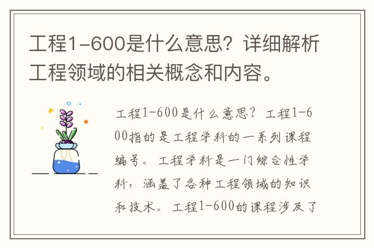 工程1-600是什么意思？詳細解析工程領(lǐng)域的相關(guān)概念和內容。