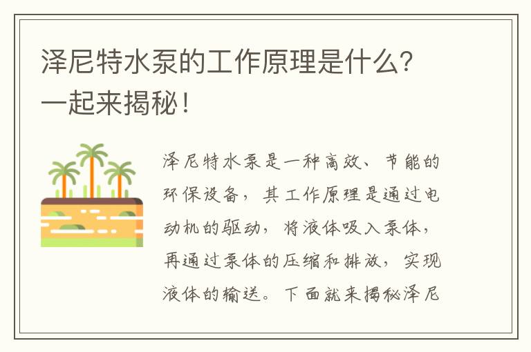 澤尼特水泵的工作原理是什么？一起來(lái)揭秘！