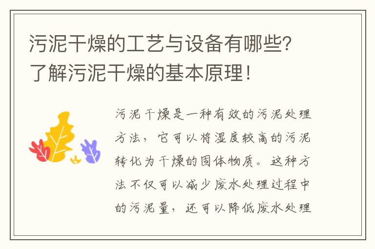 污泥干燥的工藝與設備有哪些？了解污泥干燥的基本原理！