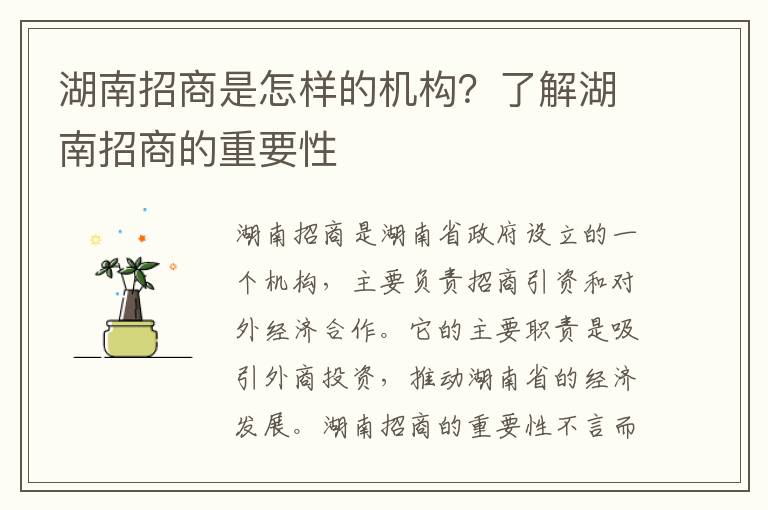 湖南招商是怎樣的機構？了解湖南招商的重要性